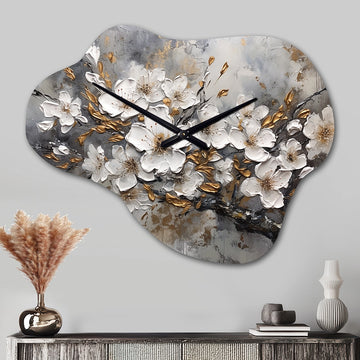 White Grey Cherry Blossum Harmony I - Asymmetric Metal Wall Clock